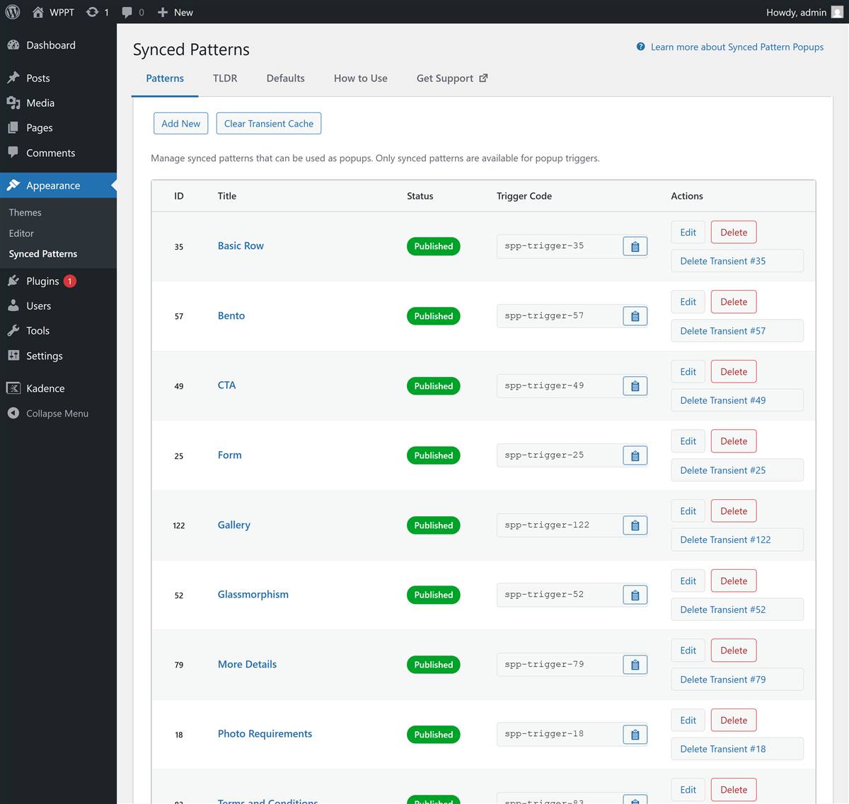 The synced patterns screen with a copy-trigger action