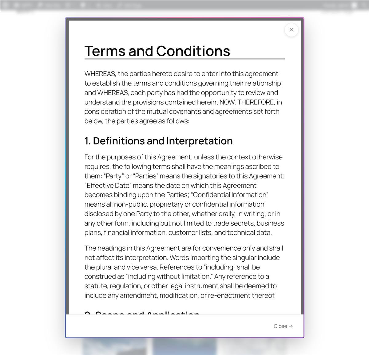 A terms pattern scrolling inside the modal