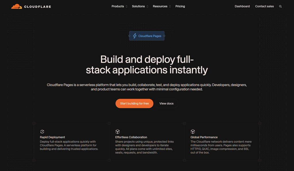 Cloudflare Pages homepage, the host for the static site