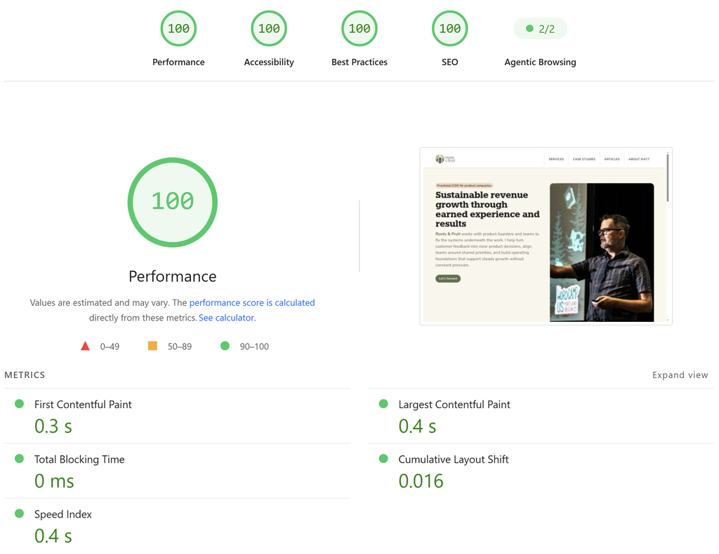 PageSpeed report for rootsandfruit.com: 100 on Performance, Accessibility, Best Practices, and SEO